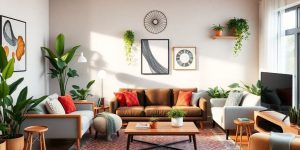 Amenajarea unei camere moderne cu mobilier și plante.