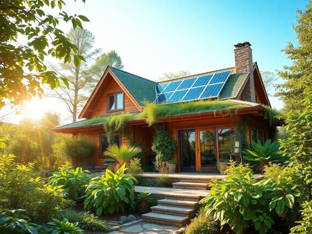 Casă ecologică înconjurată de verdeață abundentă.