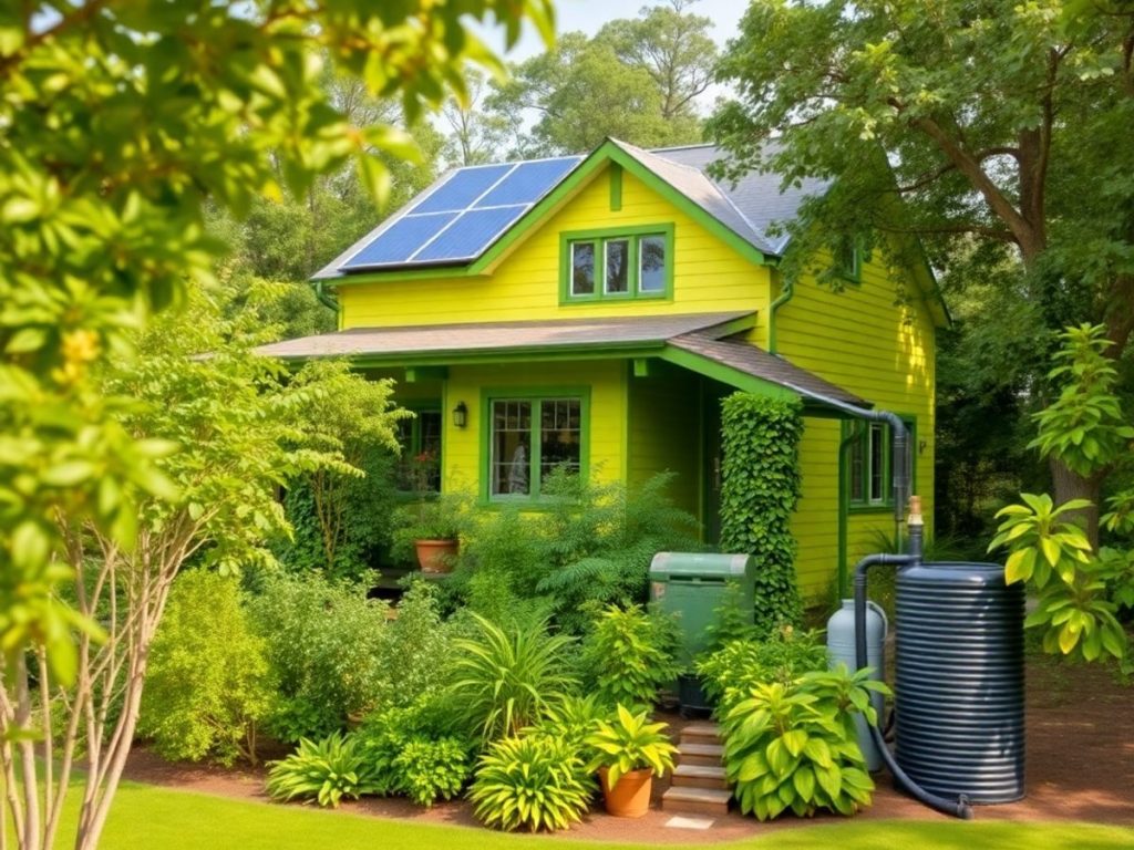 Casa verde înconjurată de copaci și plante verzi.