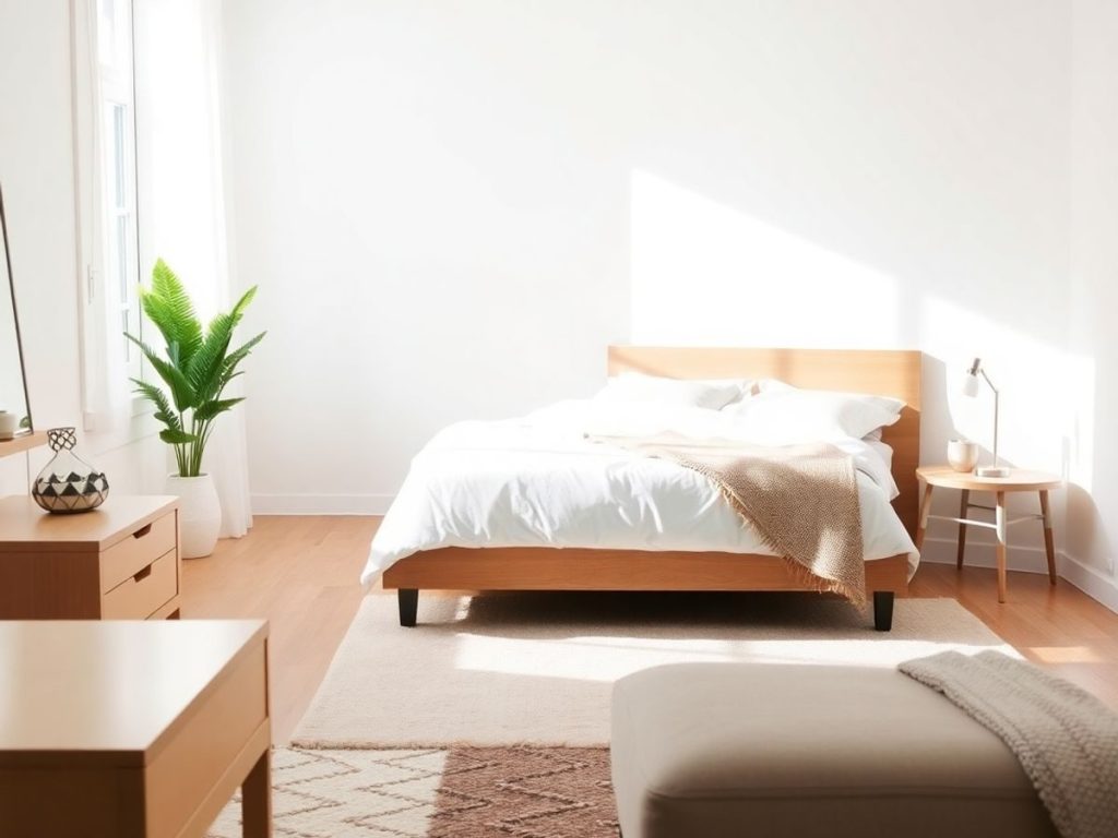 Dormitor modern, pat confortabil, decor simplu, culori neutre, lumină ambientală.