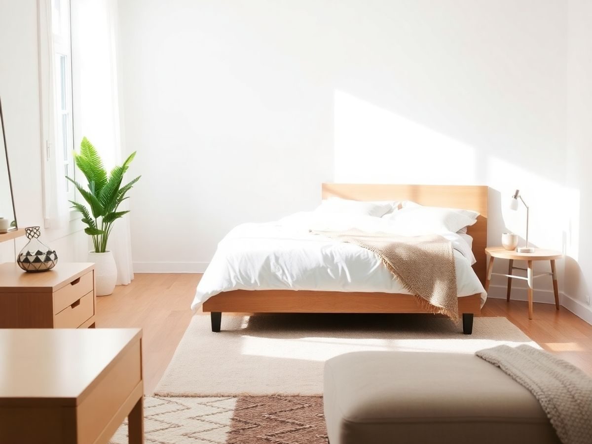 Dormitor modern, pat confortabil, decor simplu, culori neutre, lumină ambientală.