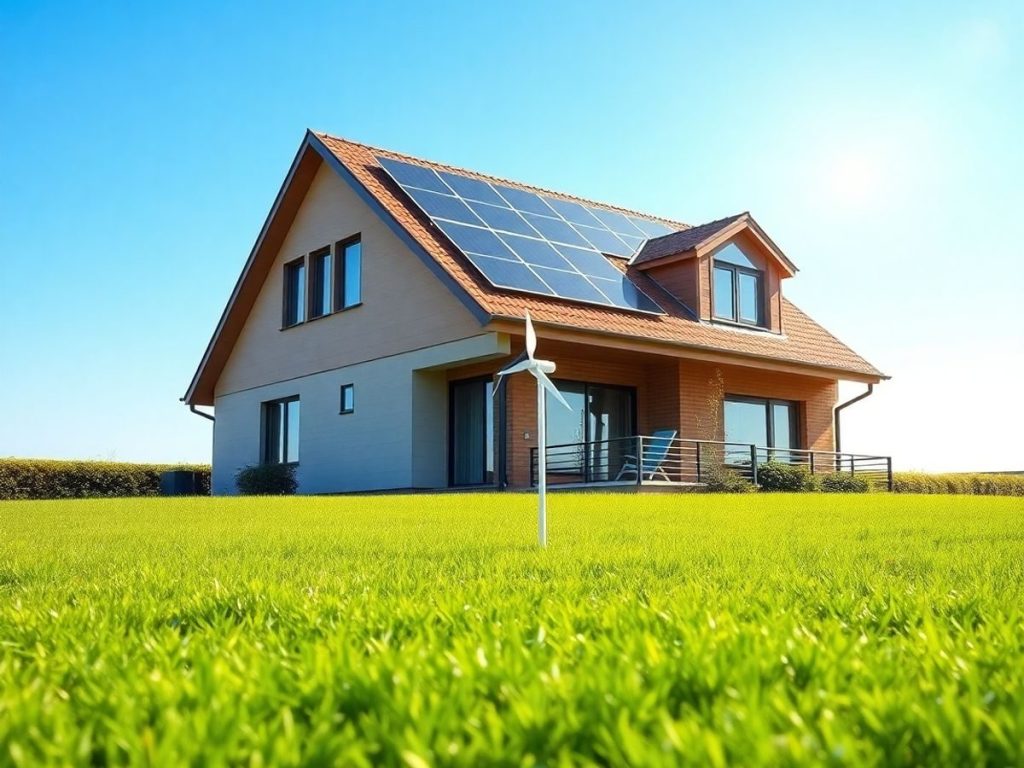 Casă modernă cu panouri solare și turbină eoliană