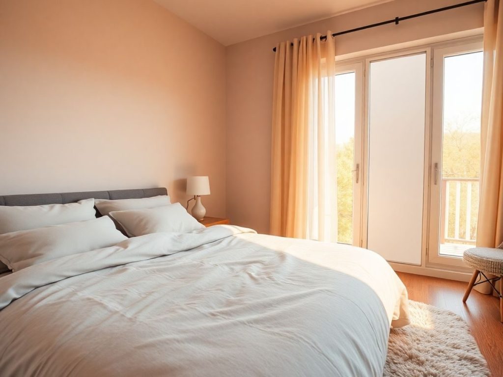 Dormitor modern, pat confortabil, lumină caldă