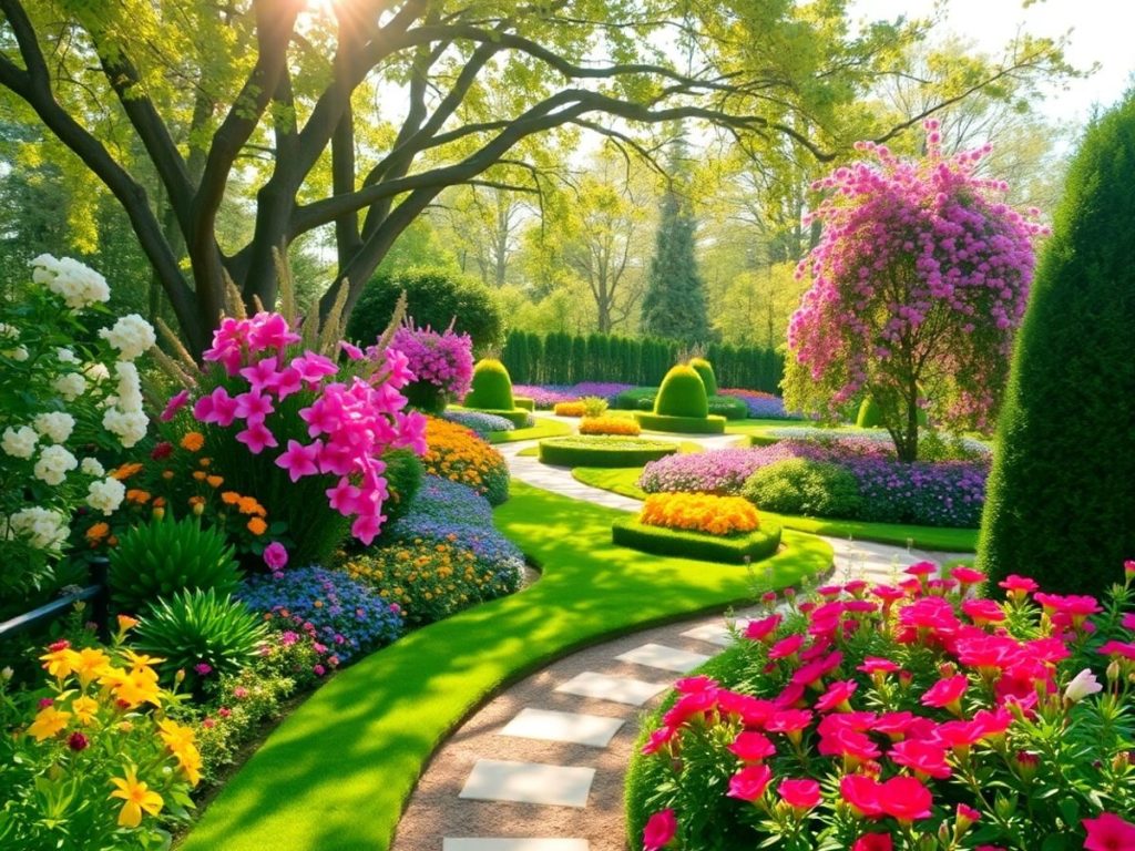 Grădină luxuriantă cu flori colorate și alei sinuoase